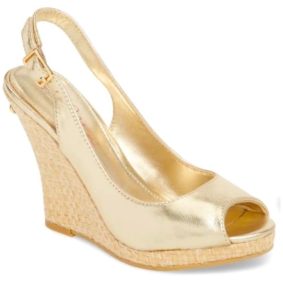 Lily Pulitzer Kristen Peep Toe Gold Wedge Sandals size 10 - Picture 4 of 10